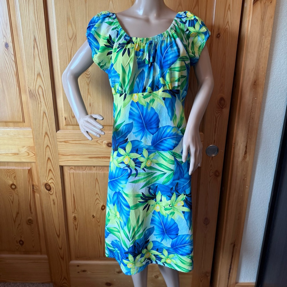 Vintage Island Aloha Wear Hawaiian Milkmaid Style Midi Dress XL Tropical Floral